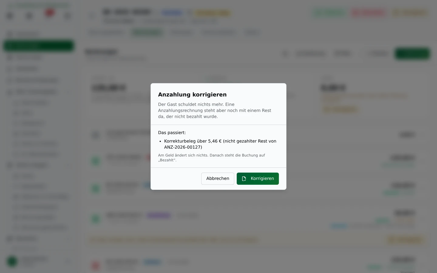 Dialog „Anzahlung korrigieren“: Korrekturbeleg über den nicht gezahlten Rest einer Anzahlungsrechnung